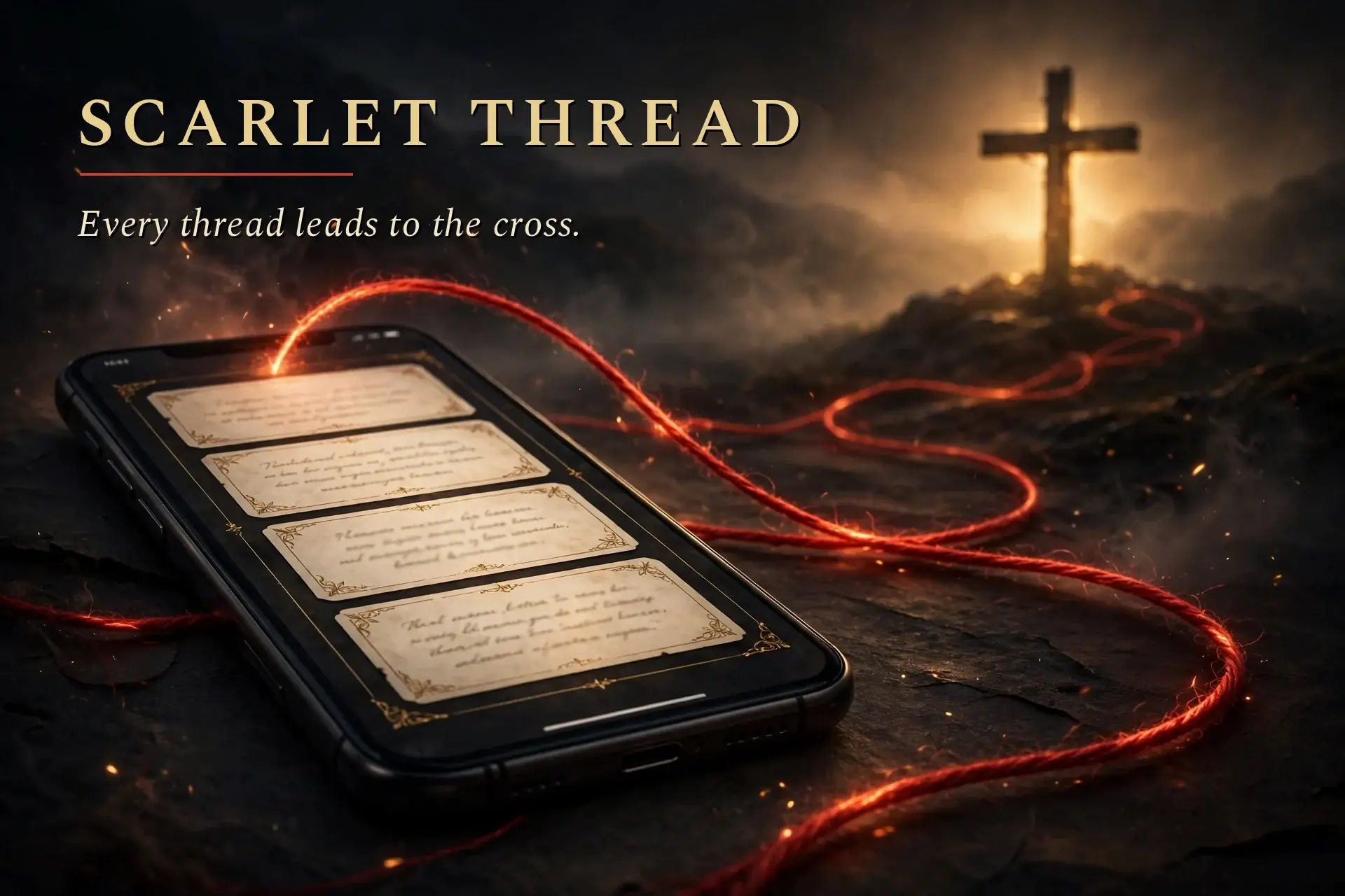 Scarlet Thread — a phone showing the app, a scarlet thread winding across dark stone toward a cross on a hill at sunrise. Every thread leads to the cross.